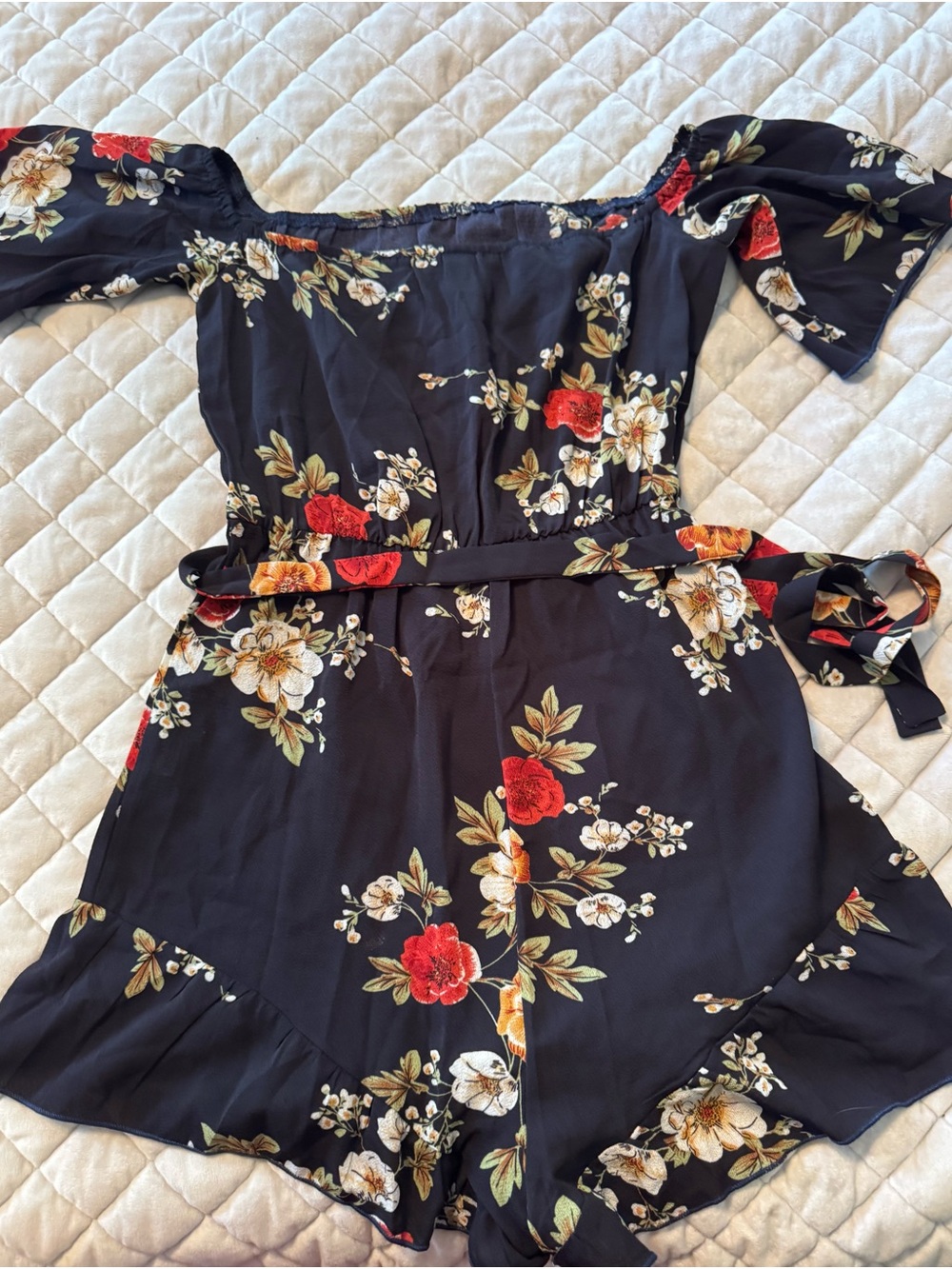 SHEIN Black Floral Off-Shoulder Romper with Tie Waist